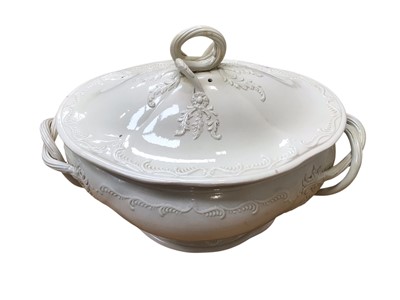 Lot 5103 - Late 18th century creamware tureen and cover with strap work handles