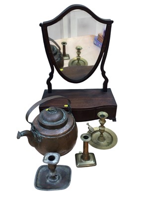Lot 5021 - 19th century toilet mirror, together with a Continental copper kettle and chambersticks.