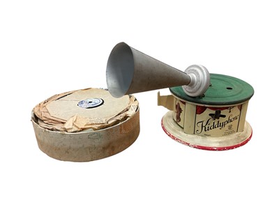 Lot 2700 - Vintage miniature German tinplate 'Kiddyphone' record player, with a box of records