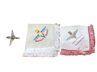Lot 5149 - Parachute Regiment badge and two silk embroidered hankies