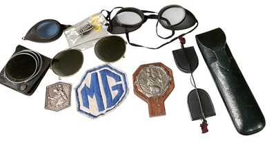 Lot 61 - Group of automobilia to include St Christopher car dashboard badges and lot early motoring glasses including early motorcycles, (1 box).