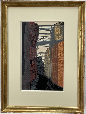 Lot 108 - 20th century English school woodcut of Bermondsey, 28cm x 17cm, mounted in glazed gilt frame