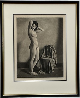 Lot 109 - Harold Williamson (1892-1978) print - Standing female Nude, signed to plate, 27cm x 21cm, glazed frame