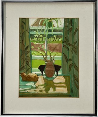 Lot 110 - Henrietta Young (b.1951) watercolour on paper - Cat by the Window, signed and dated 1983, artists card verso, 30cm x 22cm, glazed aluminium frame