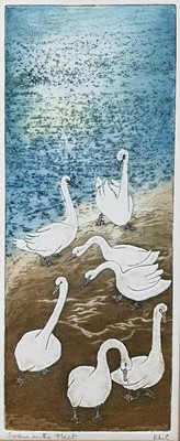 Lot 93 - Kathleen Crozier (1908-2008), collagraph, Swans on the Fleet, initialled, 36cm x 15cm, unframed.