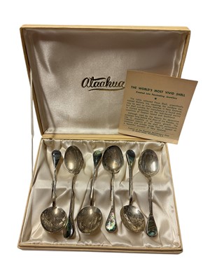 Lot 122 - Set of six New Zealand silver and abalone teaspoons in case