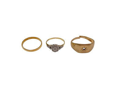 Lot 940 - 22ct gold wedding ring, 18ct gold diamond set flower head ring in platinum setting and 9ct gold signet ring (stone missing and cut)