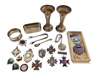 Lot 941 - Pair of small silver spill vases, two silver napkin rings, Masonic silver and enamel medal, other medallions/pins etc