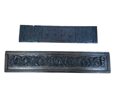 Lot 5049 - 18th century carved oak panel dated 1724 together with a 17th/18th century carved oak panel with scrolling foliage and a cherub