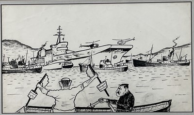 Lot 114 - 20th century black ink cartoon with two men and naval vessels, 19cm x 33cm, glazed frame
