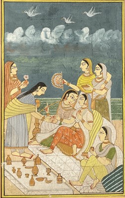 Lot 115 - Indian miniature, Lady and attendants, 19cm x 12cm, glazed frame