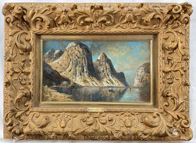 Lot 116 - Karl Kaufmann (1843-1902/05) oil on canvas mountain lake, signed pseudonym H. Elmblad, 17cm x 30cm, behind glass in ornate gilt frame