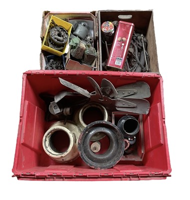 Lot 96 - Group of miscellaneous pre-war Rolls-Royce spares to include cooling fan blades, fuel pumps, klaxon horn and sundry fittings, (3 boxes).