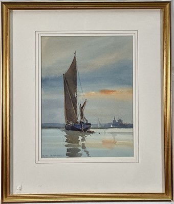 Lot 119 - Alan Runagall (b. 1941) watercolour - Thames Barge, probably Maldon beyond, signed, 31cm x 23cm, glazed frame