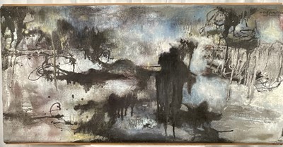 Lot 120 - Modern British oil on canvas, Abstract, dated '85, indistinctly signed top right, 66cm x 133cm, on wooden frame