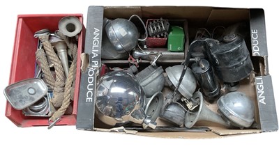 Lot 99 - Collection of Rolls-Royce and other vintage car fittings to include a pre-war coil, Bijur central lubrication pump and various lamps, (2 boxes).
