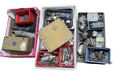Lot 100 - Collection of various pre-war Rolls-Royce spares to include Motorola radio, Phantom III over riders, door fittings and other items, (3 boxes).