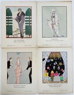 Lot 124 - Gazette du Bon Ton, four pochoir prints by George Barbier, Fabius, André-Edouard Marty and Charles Martin, January 1914, 17cm x 13.5cm, unframed