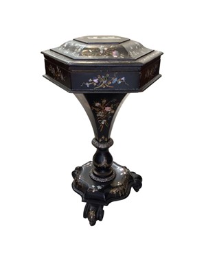 Lot 5304 - Victorian black lacquer and mother of pearl sewing table