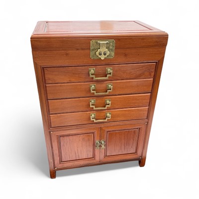 Lot 5307 - Chinese rosewood cutlery stand, brass handles, four drawers and a cupboard, 78cm high x 55.5cm wide x 36cm deep