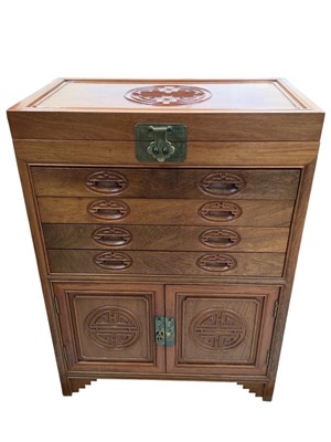 Lot 5308 - Chinese rosewood cutlery stand, four drawers and a cupboard, 78cm high x 55.5cm wide x 36cm deep