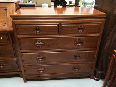 Lot 5315 - Chinese rosewood chest of drawers, two short over three long, with carved decoration, 101cm wide x 50.5cm deep x 96.5cm high