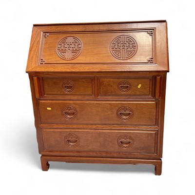Lot 5316 - Chinese rosewood bureau with carved decoration, 91cm wide