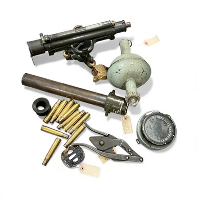 Lot 754 - Second World War Sighting Telescope, dated 1943, together with bullet casings a compass and other Militaria, (1 box).