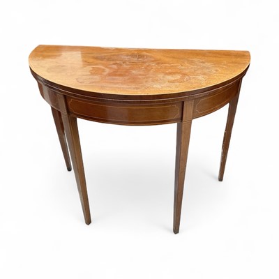 Lot 5319 - Georgian mahogany demi lune tea table with boxwood inlay, square tapering legs, 73cm high x 92cm diameter