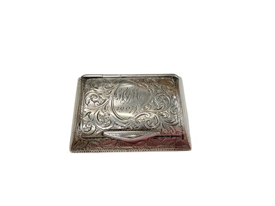 Lot 943 - Edwardian silver snuff box with engraved scroll decoration, initials 'HJM' and dated 1907