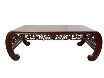 Lot 5343 - Chinese rosewood low coffee table with pierced frieze and scroll feet, 98cm wide x 45.5cm deep x 33cm high