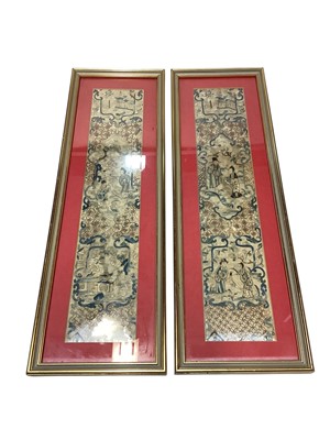 Lot 2546 - Box of textiles including a pair of framed Chinese silk arm bands, mid century patchwork..