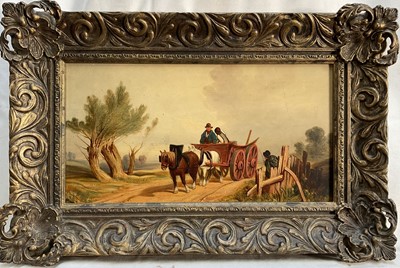 Lot 166 - English School, oil on board, figures in a horse drawn cart, 15cm x 29cm, framed