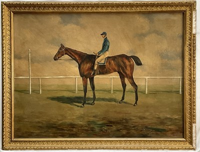 Lot 168 - English school, oil on board, race horse and jockey in silks, 37cm x 50cm, glazed frame