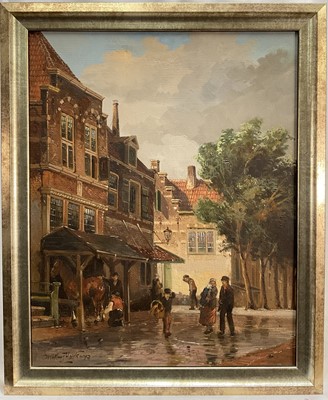 Lot 169 - Willem Heijkoop, oil on canvas, Dutch town with figures, signed, 48cm x 38cm, framed