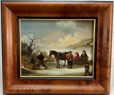 Lot 171 - Dutch school, oil on board, figures on frozen lake, 22cm x 28cm, framed