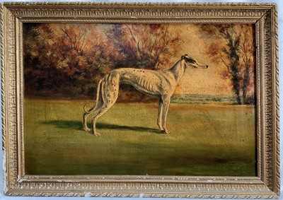 Lot 172 - English school, oil on board, greyhound in landscape, 30cm x 45cm, framed