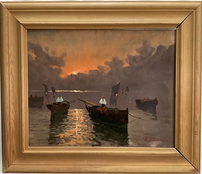 Lot 173 - L. Stiamo, oil on board, Italian fishermen at sunset, signed, 30cm x 37cm, framed