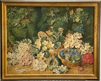 Lot 175 - After Oliver Clare, watercolour, a profusion of flowers, birds nest and eggs against a mossy bank, 32cm x 21.5cm, glazed frame