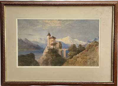 Lot 176 - Edgar E. West, 19th century watercolour, Monastery on the Rhine, signed, 28cm x 49.5cm, glazed frame