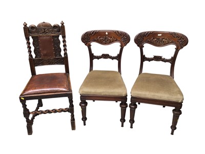 Lot 5371 - Pair of regency mahogany dining chairs and a Victorian Gothic revival oak carved chair