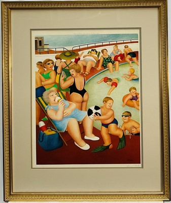 Lot 126 - Beryl Cook (1926-2008) signed print, Bathing Pool, with blind stamp, pub. Alexander Gallery Bristol, 47cm x 38cm, glazed gilt frame