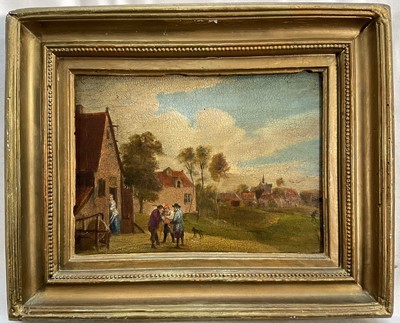 Lot 9 - Dutch School, 19th century, oil on panel, figures in a street, 13.5cm x 19cm, in plaster frame.