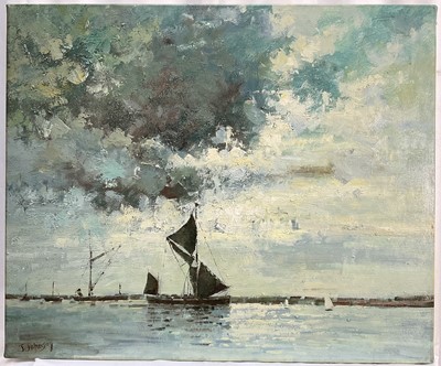 Lot 8 - J. Johnson, Follower of Edward Seago, oil on canvas - Thames Barges, 50cm x 61cm, unframed