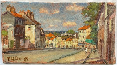 Lot 7 - Llewelyn Petley-Jones oil on canvas, Marly-le-Roy, signed and dated 85, 13.5cm x 25cm, unframed.