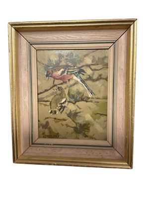Lot 1137 - English School oil on board of finches, together with an oil landscape and a sporting print
