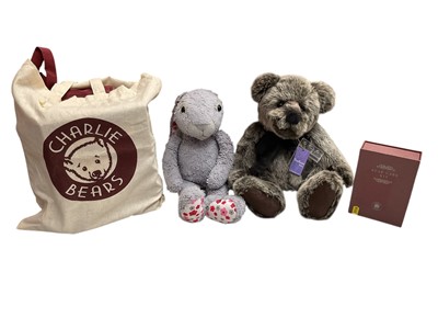 Lot 1723 - Charlie Bear items including six soft bags, three reference books and a boxed Bear Care Kit. Plus two bears.