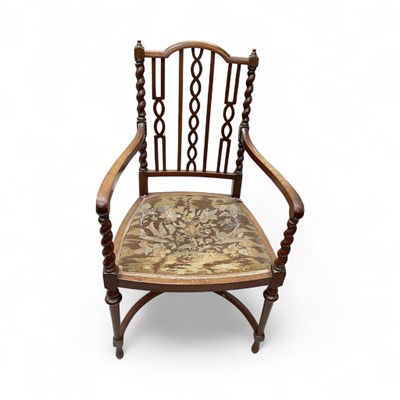 Lot 5377 - Edwardian elbow chair with tapestry seat