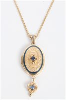 Lot 3413 - Gold (14ct) sapphire and blue enamel oval...