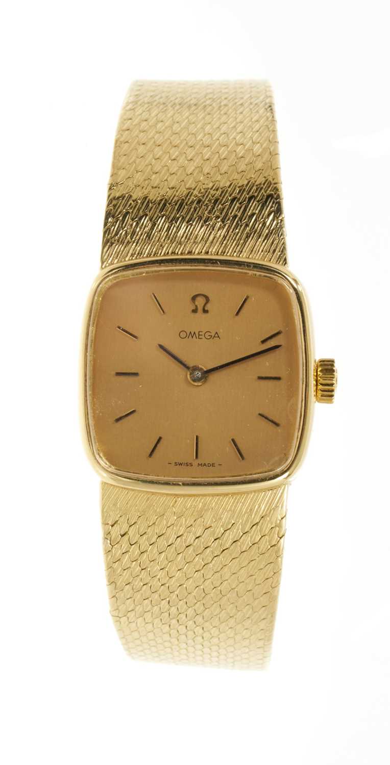 Lot 766 - Ladies' 18ct gold Omega wristwatch with an integral 18ct gold Milanese strap